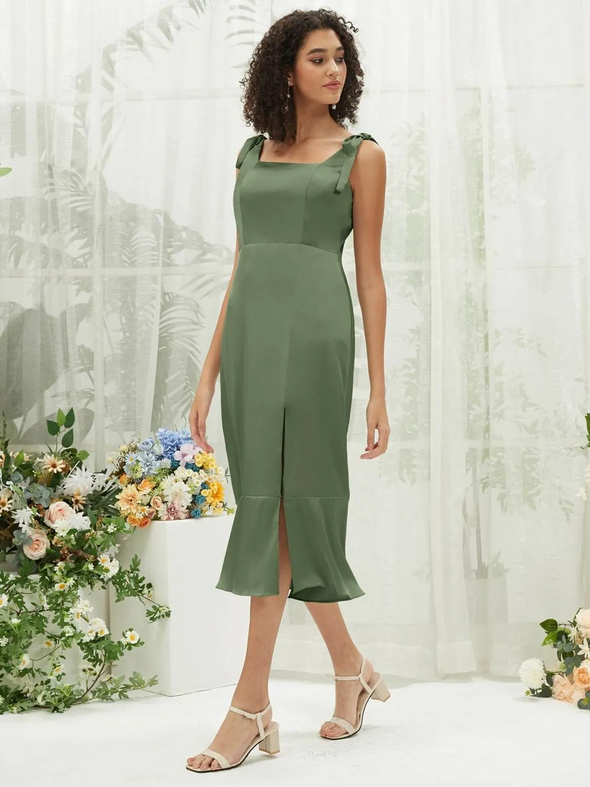 Olive Silk Satin Square Neck Slit Tea Length Convertible Bridesmaid Dresses