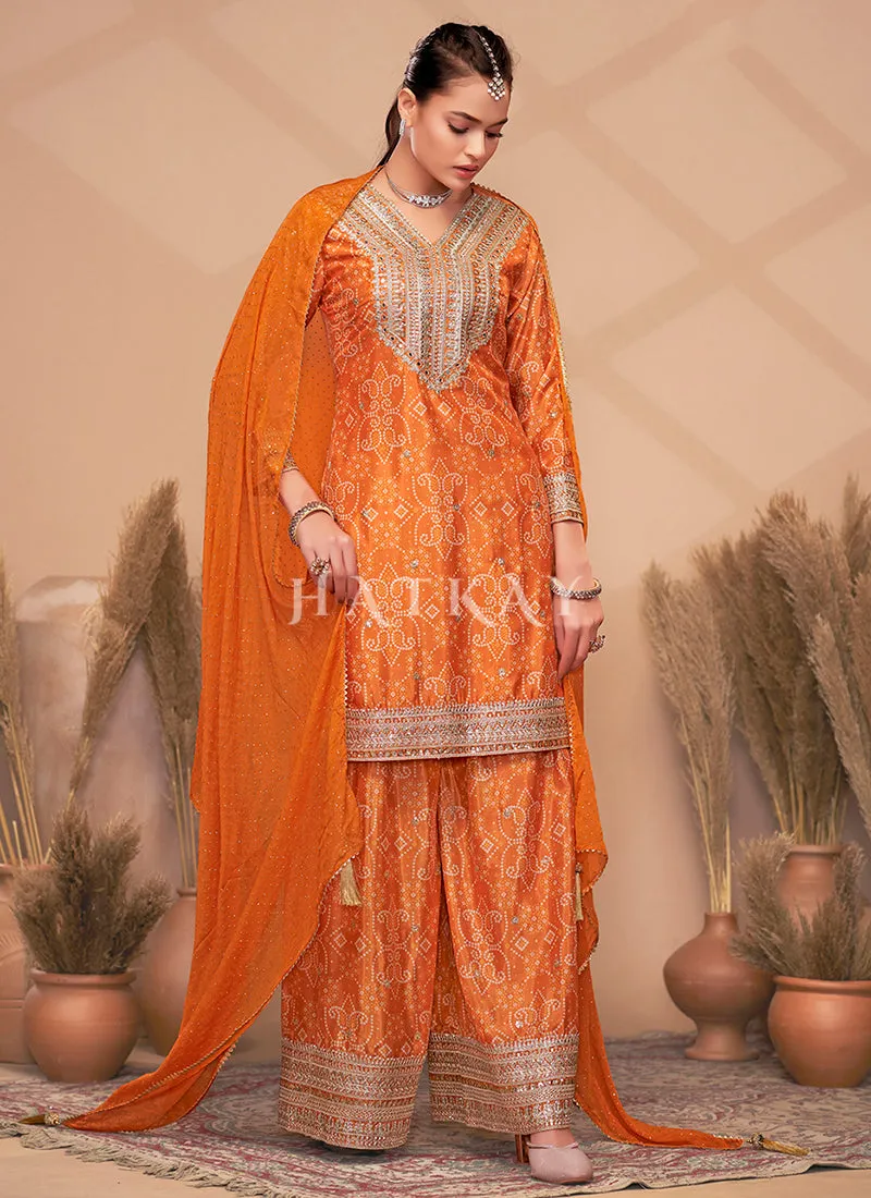 Orange Mirror Embroidery Bandhani Printed Sharara Suit