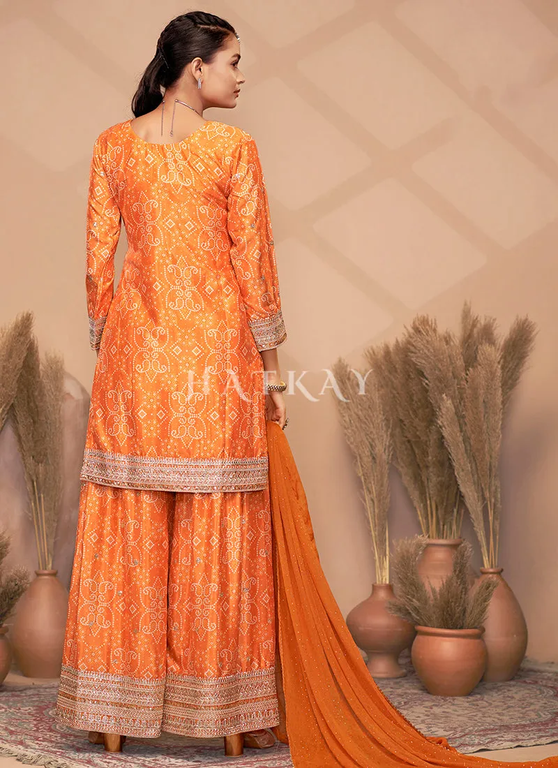 Orange Mirror Embroidery Bandhani Printed Sharara Suit