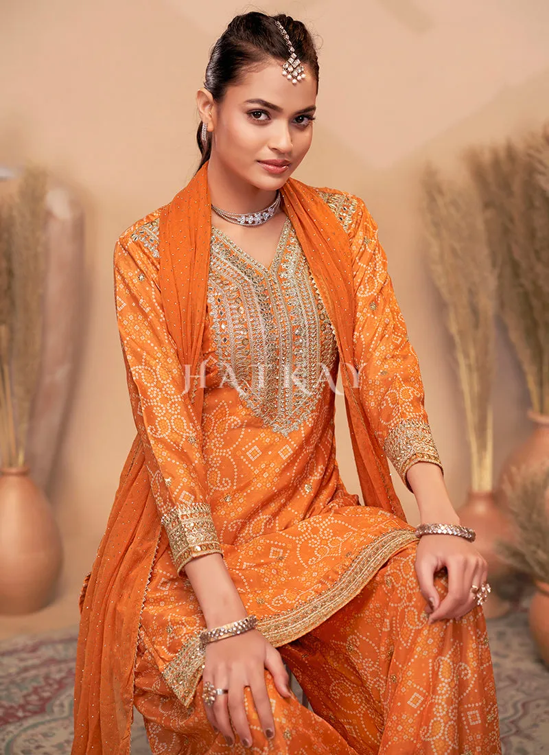 Orange Mirror Embroidery Bandhani Printed Sharara Suit