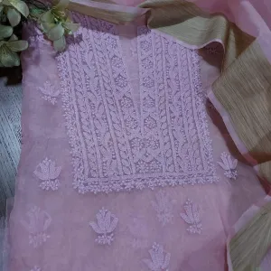 Organza Chikan work Salwar Suit In Rose Pink