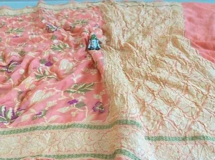 Peach Floral Banarasi Meenakari Saree for Day Wedding