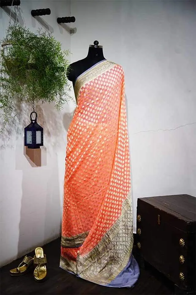 Peach-Purple Designer Wedding Khaddi Georgette Saree