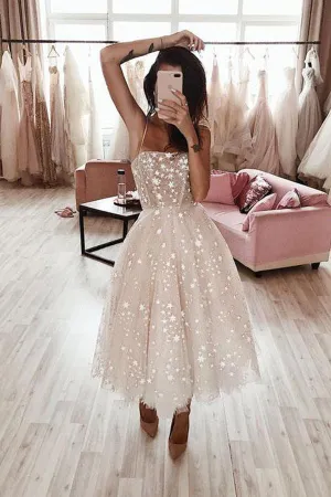 Pearl Pink Tulle A-line Spaghetti Straps Tea Length Homecoming Dresses, MH524
