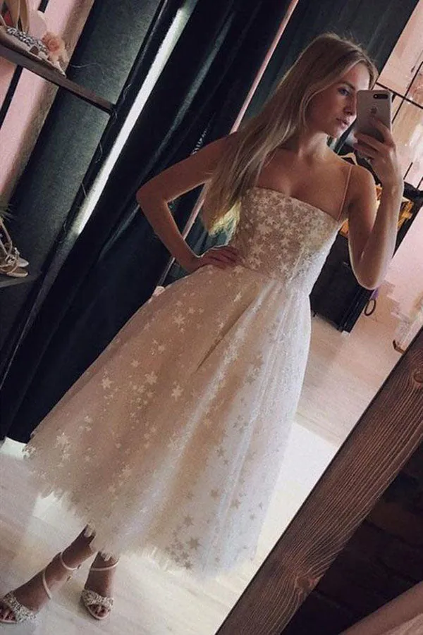 Pearl Pink Tulle A-line Spaghetti Straps Tea Length Homecoming Dresses, MH524