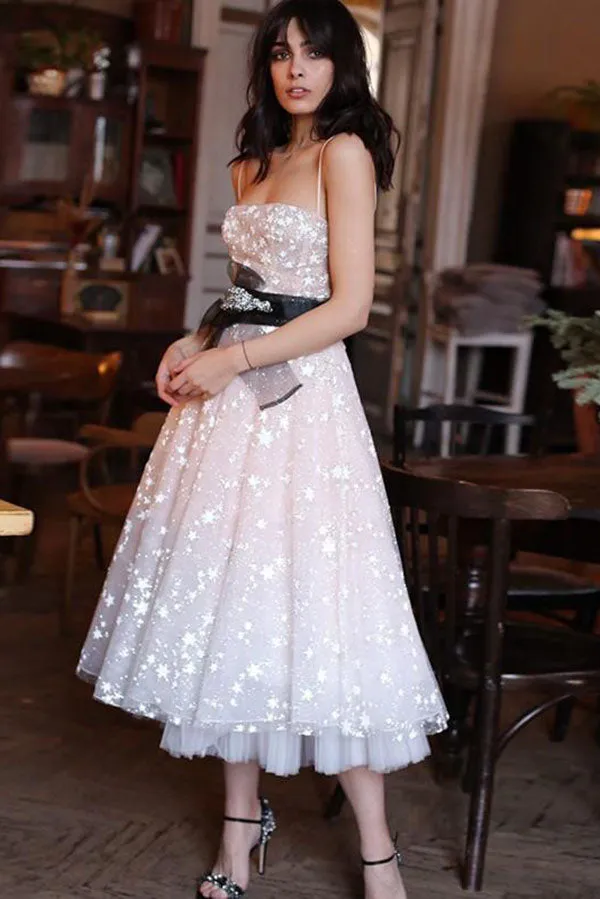 Pearl Pink Tulle A-line Spaghetti Straps Tea Length Homecoming Dresses, MH524