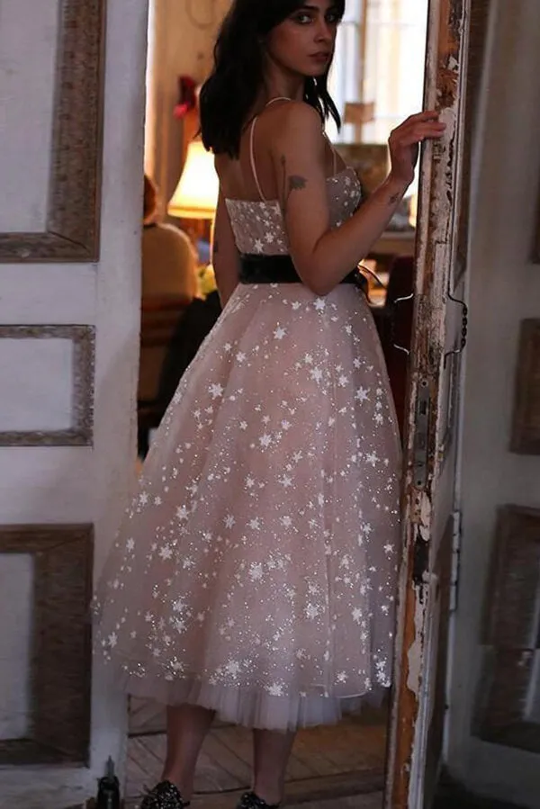 Pearl Pink Tulle A-line Spaghetti Straps Tea Length Homecoming Dresses, MH524