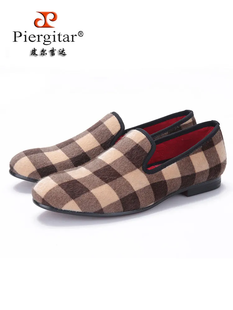 Piergitar's new apricot brown plaid horsehair men's handmade loafers British casual slip-on trendy shoes
