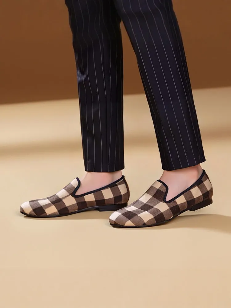 Piergitar's new apricot brown plaid horsehair men's handmade loafers British casual slip-on trendy shoes