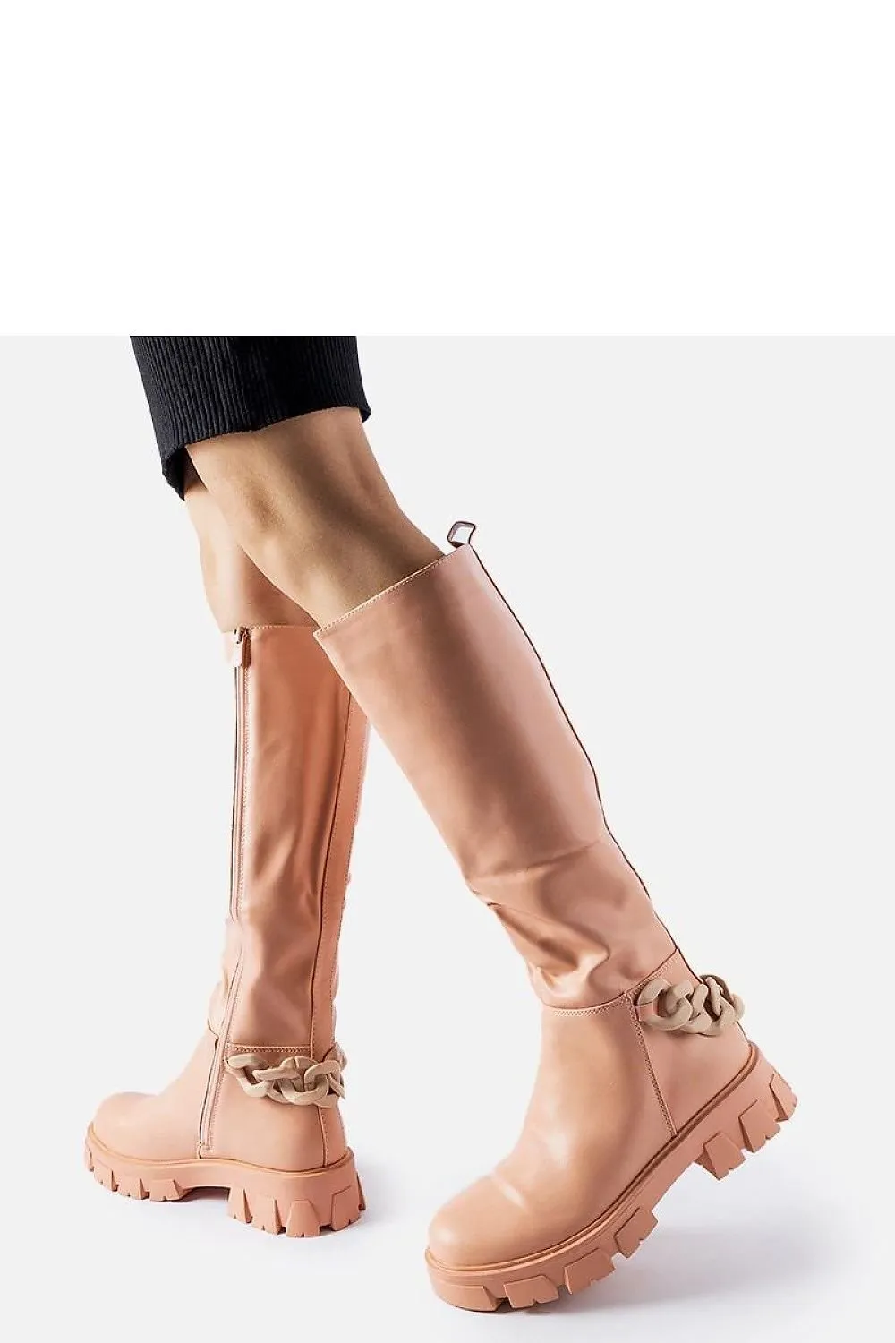 Pink flat knee-high boots with a chain