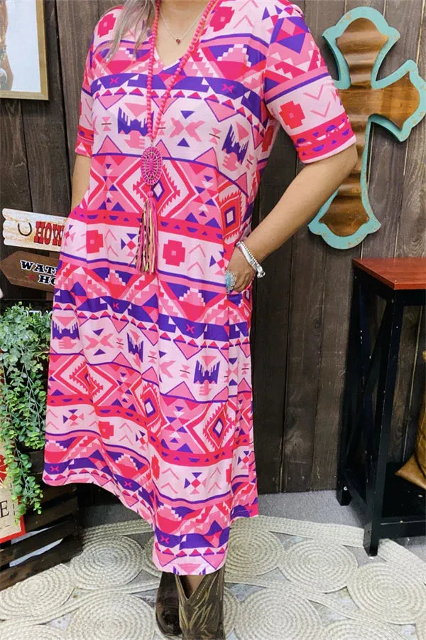 Pink Purple Tribal Midi Length Dress