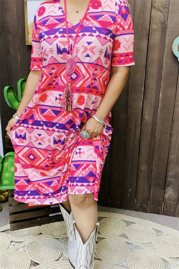 Pink Purple Tribal Midi Length Dress
