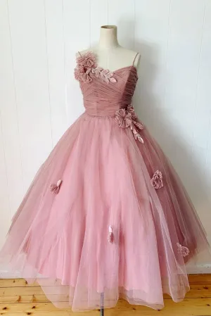 Pink Spaghetti Straps Tulle Tea Length Prom Dresses Bridesmaid Dress OKQ47