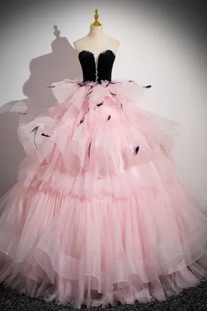 Pink Sweetheart Neck Tulle Long Prom Dress, Pink Long Prom Gown APP0924