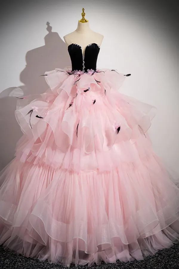 Pink Sweetheart Neck Tulle Long Prom Dress, Pink Long Prom Gown APP0924