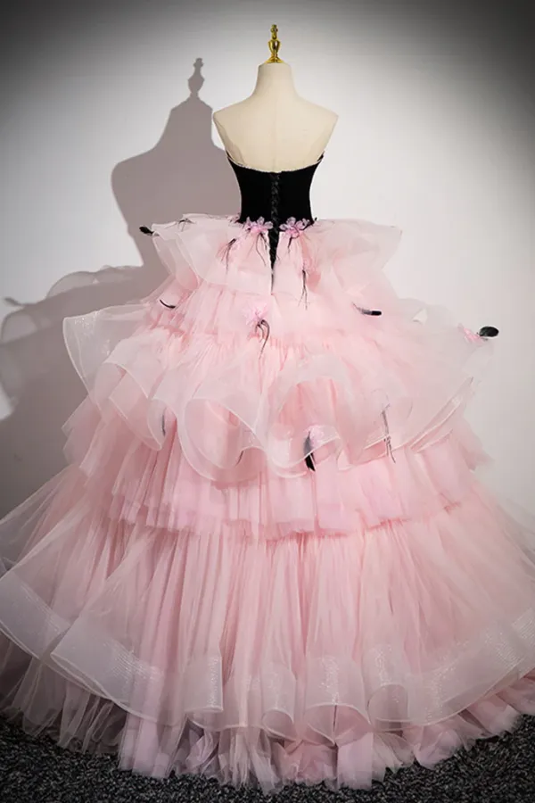 Pink Sweetheart Neck Tulle Long Prom Dress, Pink Long Prom Gown APP0924
