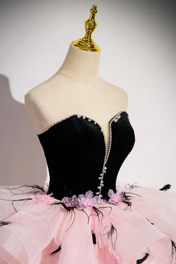 Pink Sweetheart Neck Tulle Long Prom Dress, Pink Long Prom Gown APP0924