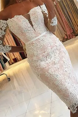 Pink Tight Sheath Lace Off shoulder Homecoming Dresses With Half Sleeve, SH341