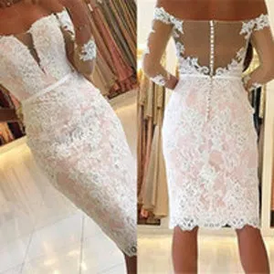 Pink Tight Sheath Lace Off shoulder Homecoming Dresses With Half Sleeve, SH341