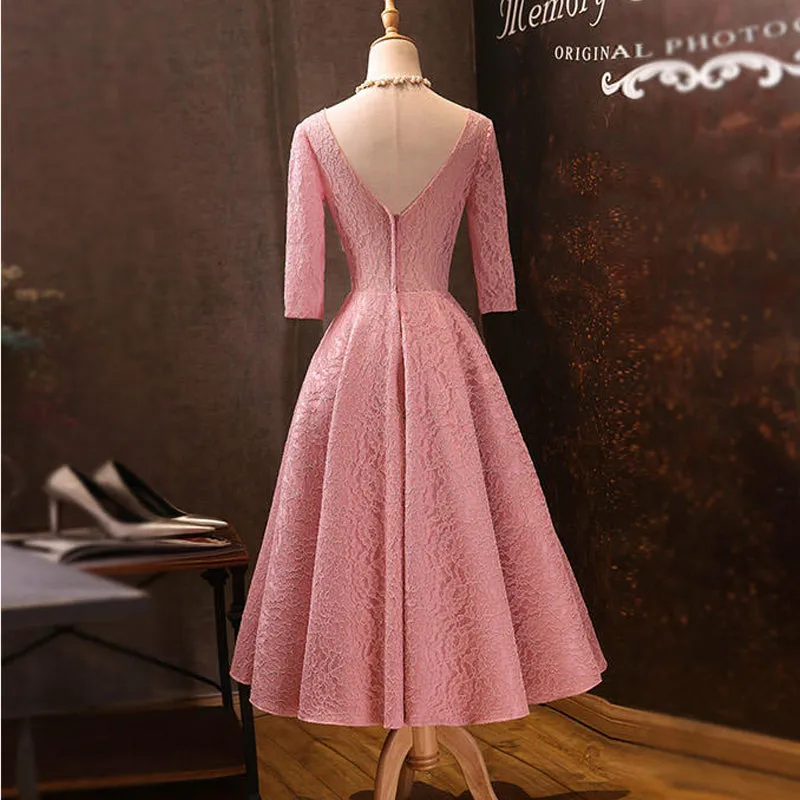 Pink V-neckline Lace Short Sleeves Tea Length Wedding Party Dress, Short Prom Dress