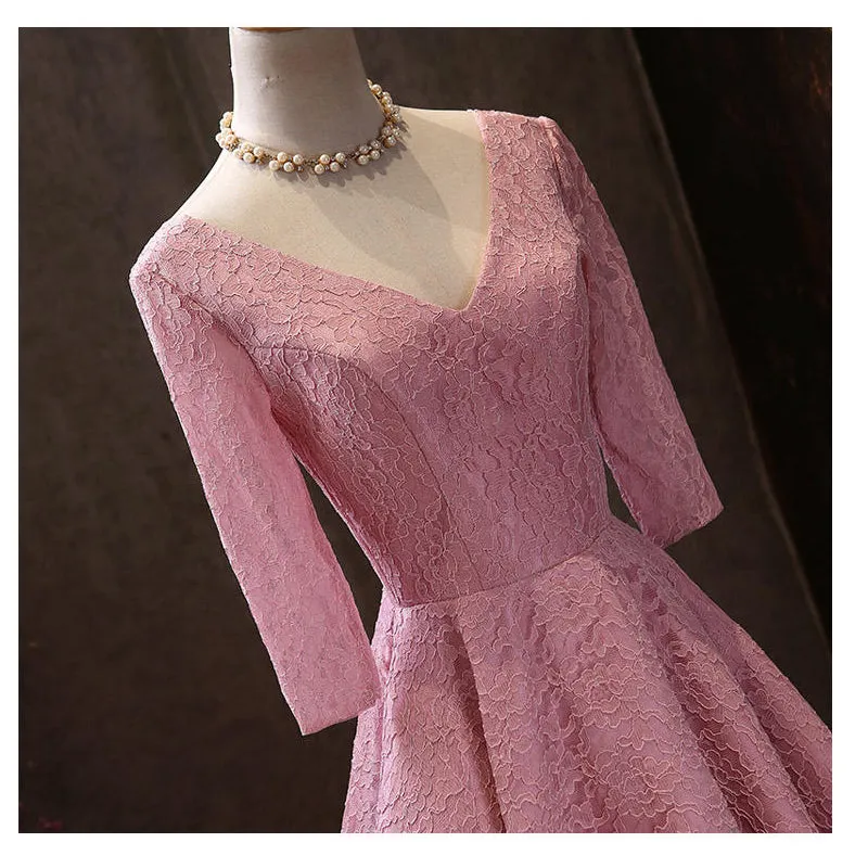 Pink V-neckline Lace Short Sleeves Tea Length Wedding Party Dress, Short Prom Dress