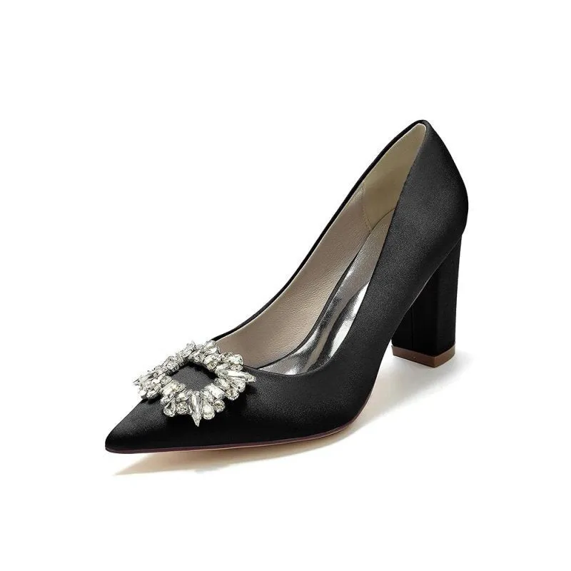 Pointed Toe Block Heels with Rhinestone