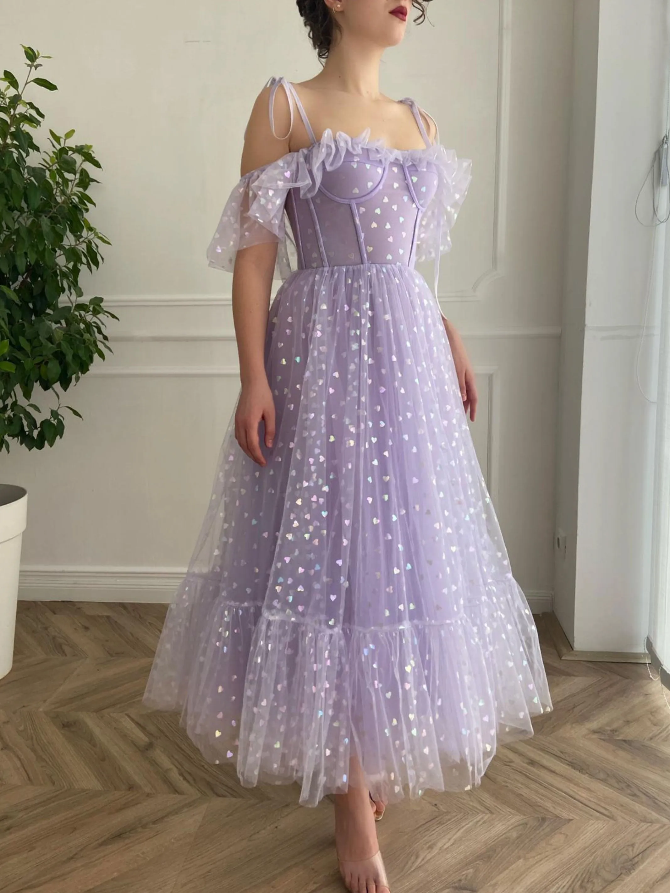 Purple tulle tea length prom dress, purple evening dress