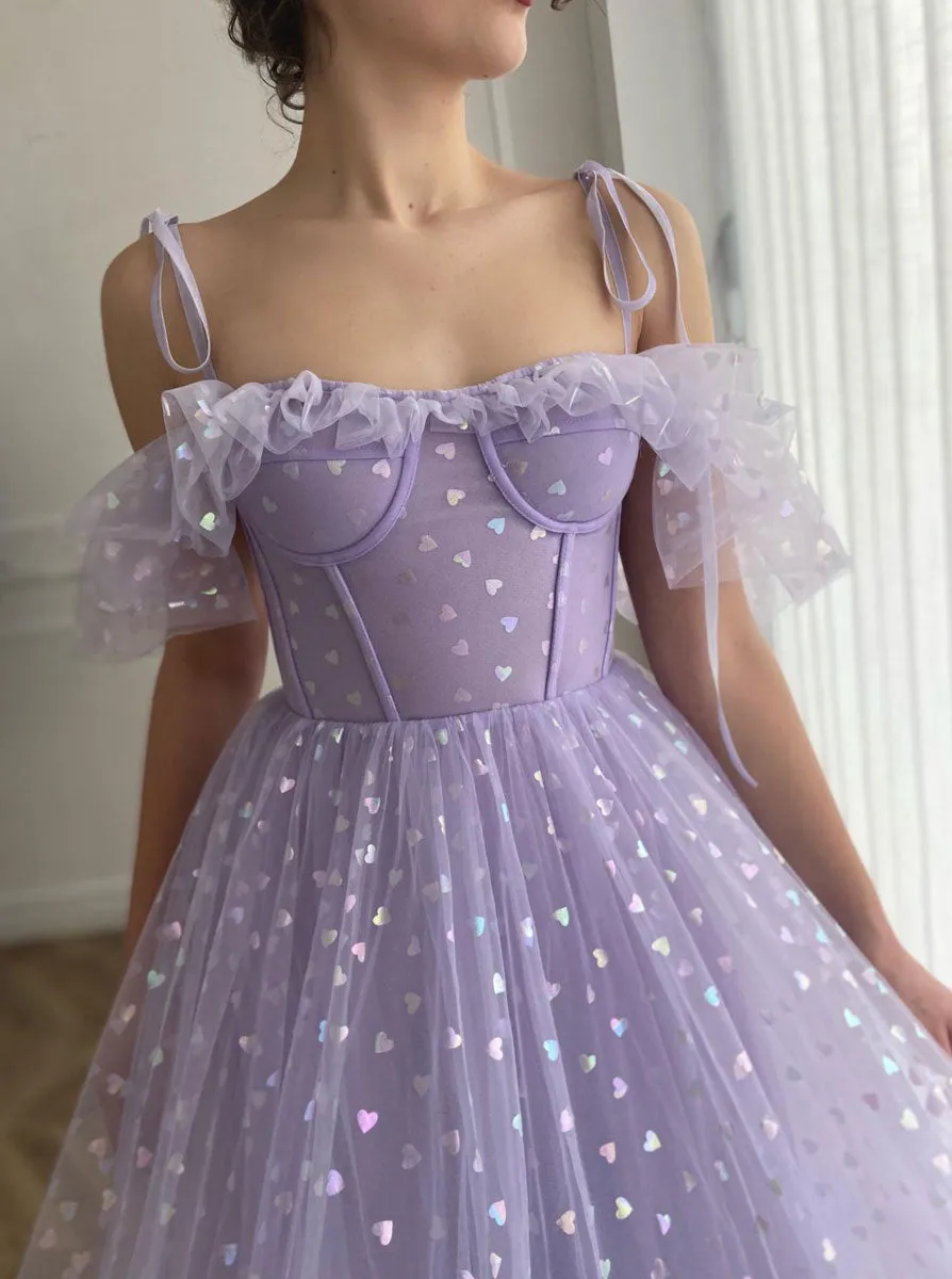 Purple tulle tea length prom dress, purple evening dress