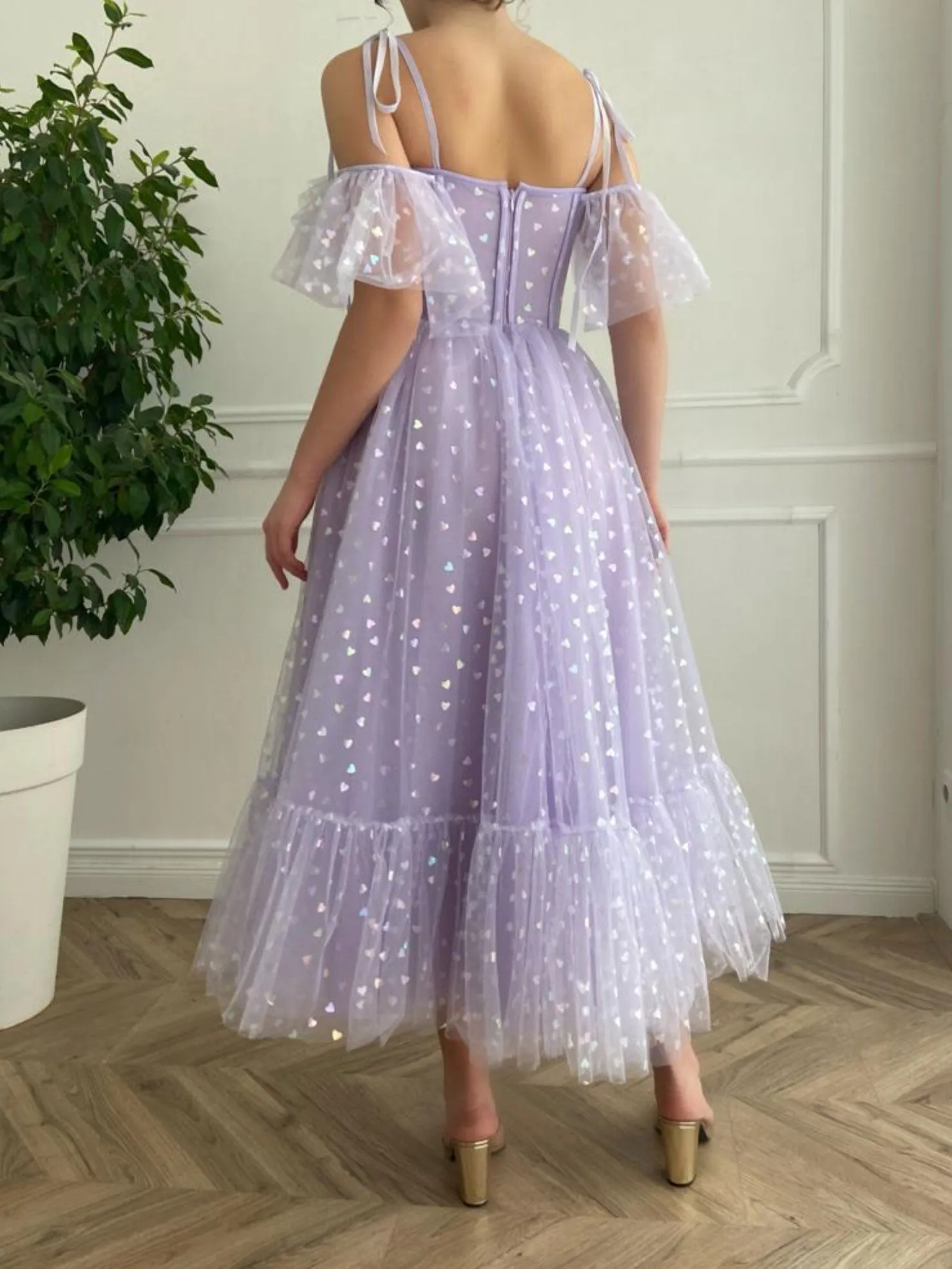 Purple tulle tea length prom dress, purple evening dress