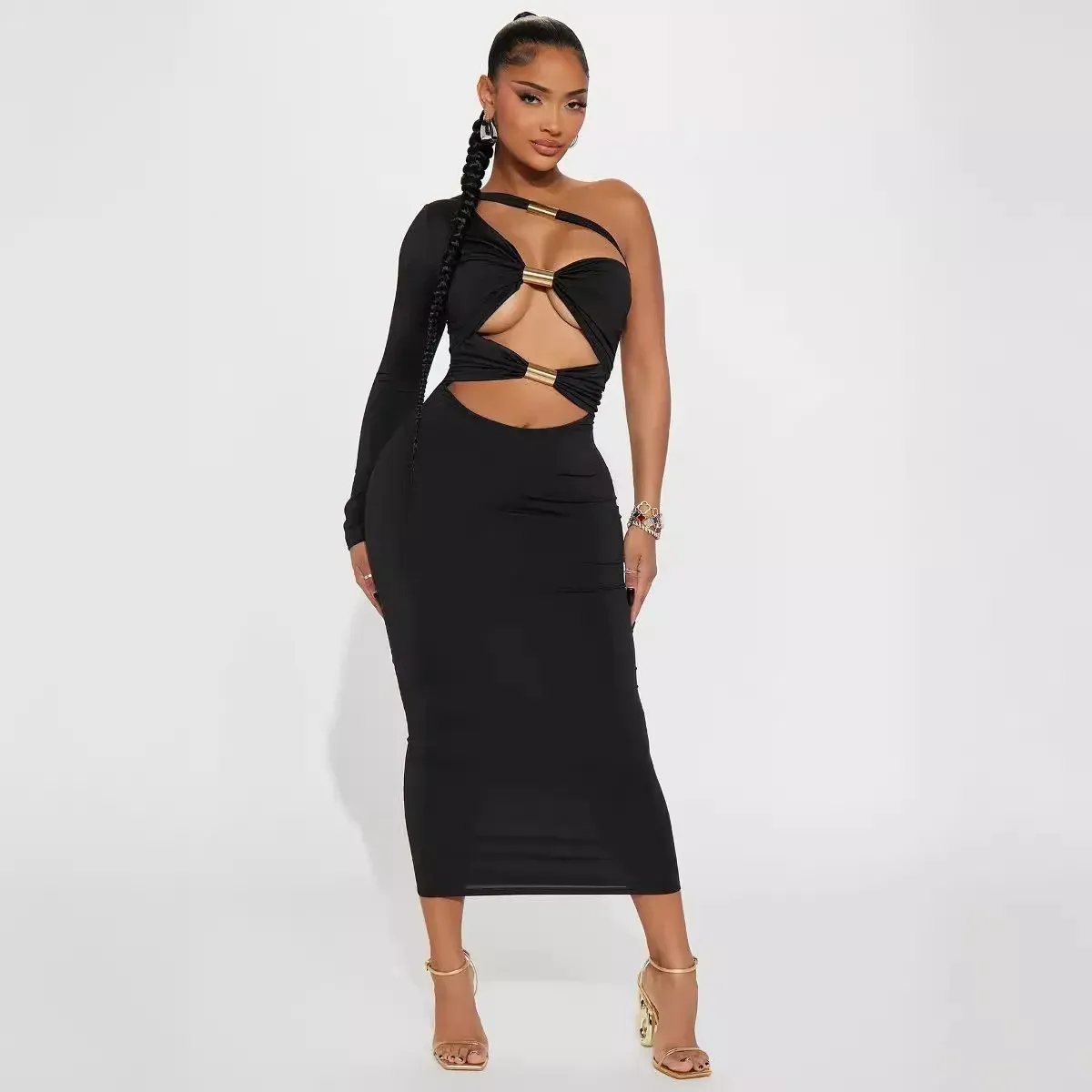 Rena Cutout One-Sleeve Metal Accent Midi Dress