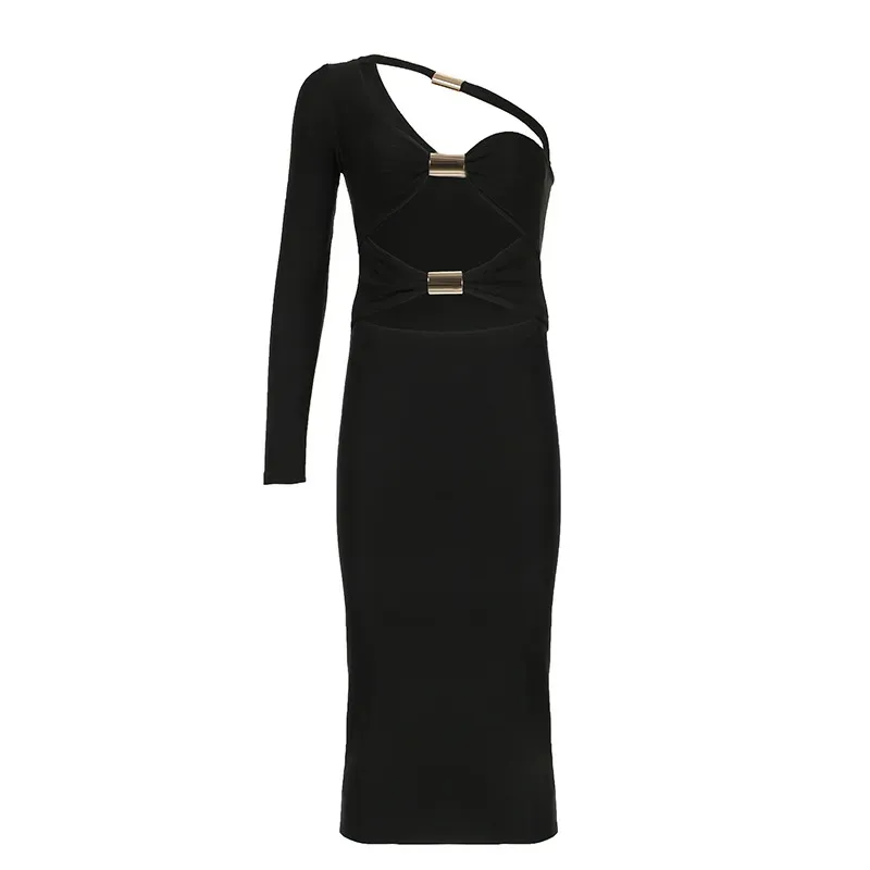 Rena Cutout One-Sleeve Metal Accent Midi Dress