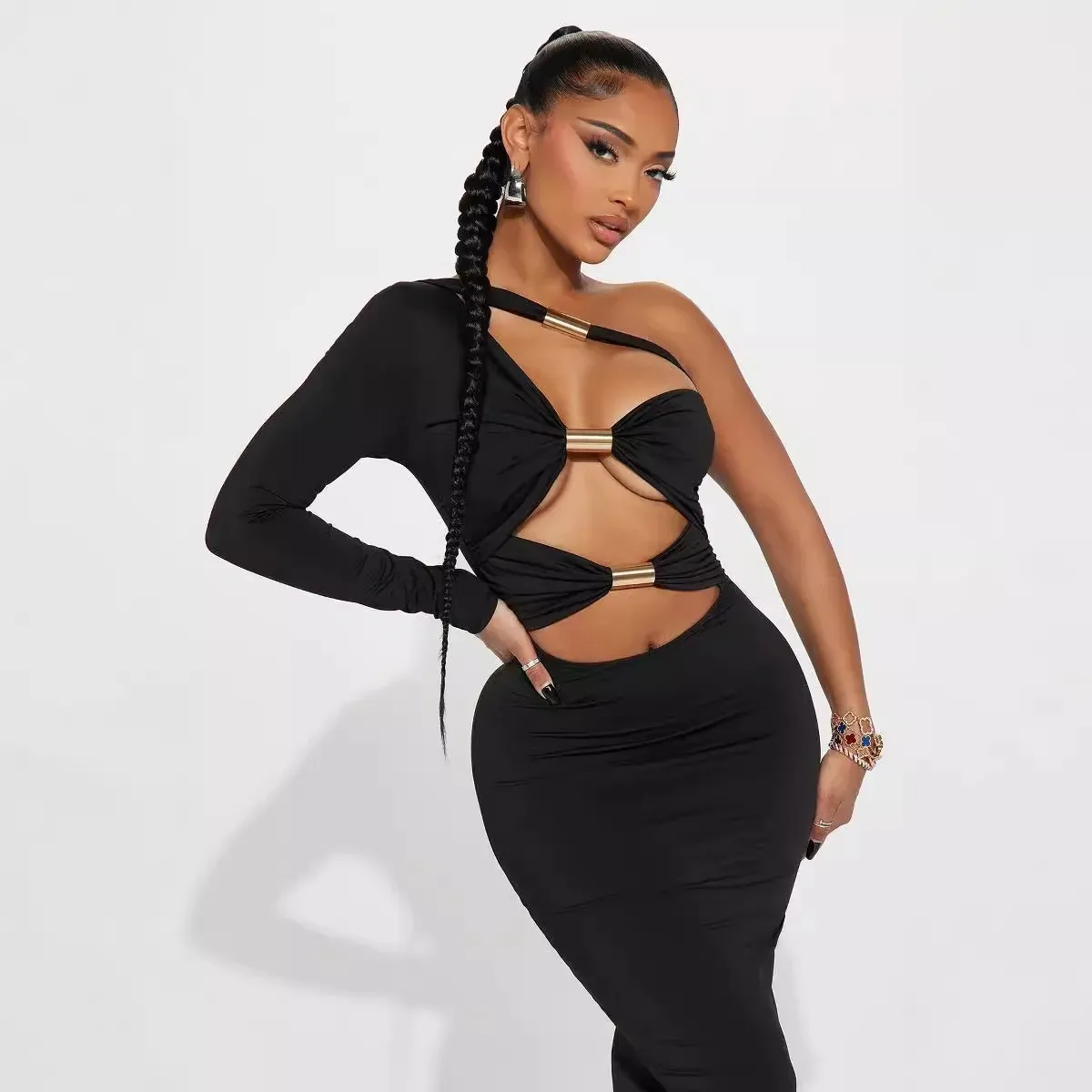 Rena Cutout One-Sleeve Metal Accent Midi Dress