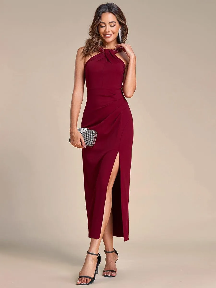 Robe de soirée à sequins plissés sans manches à col licou(Vente finale)