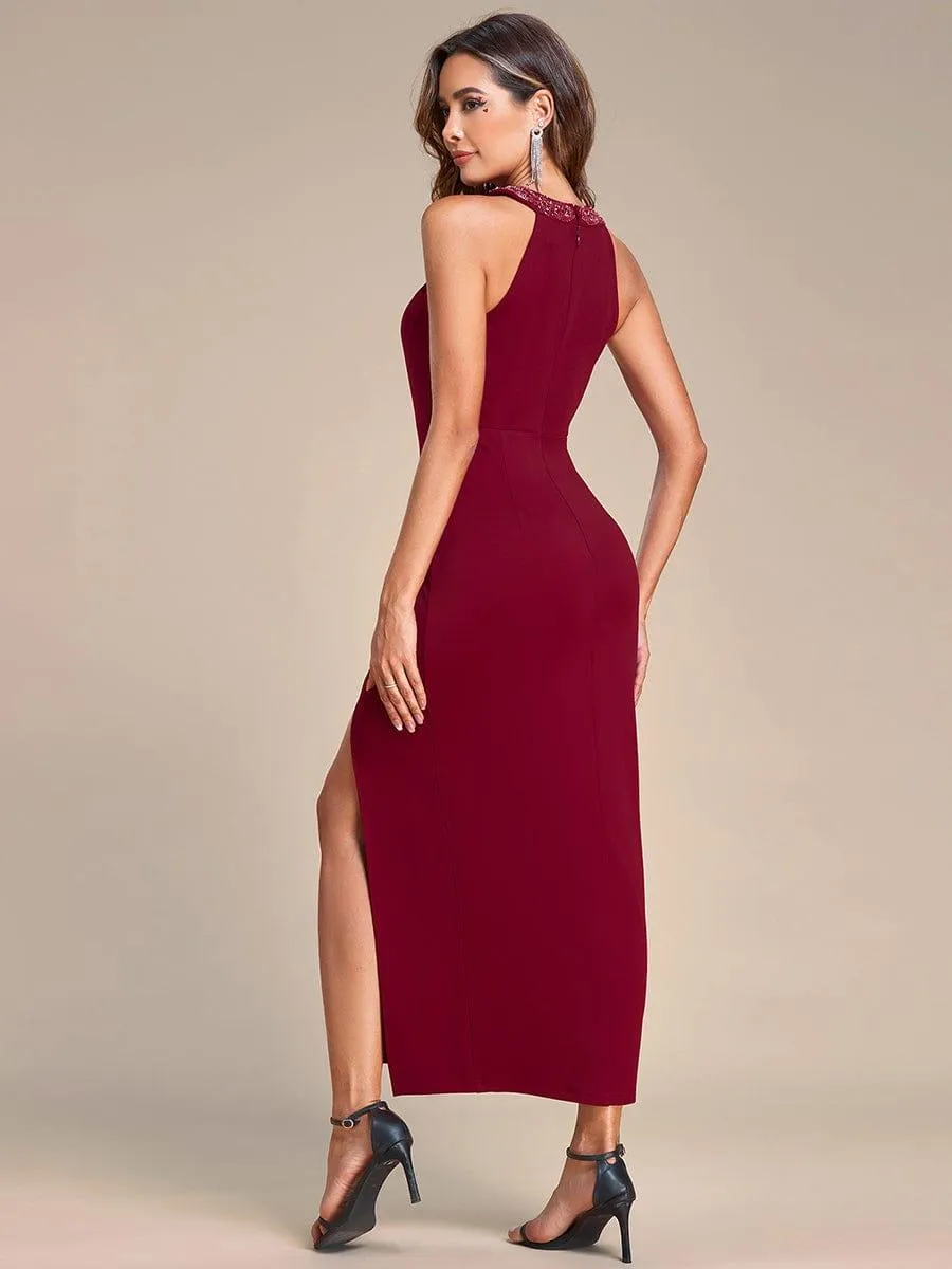 Robe de soirée à sequins plissés sans manches à col licou(Vente finale)