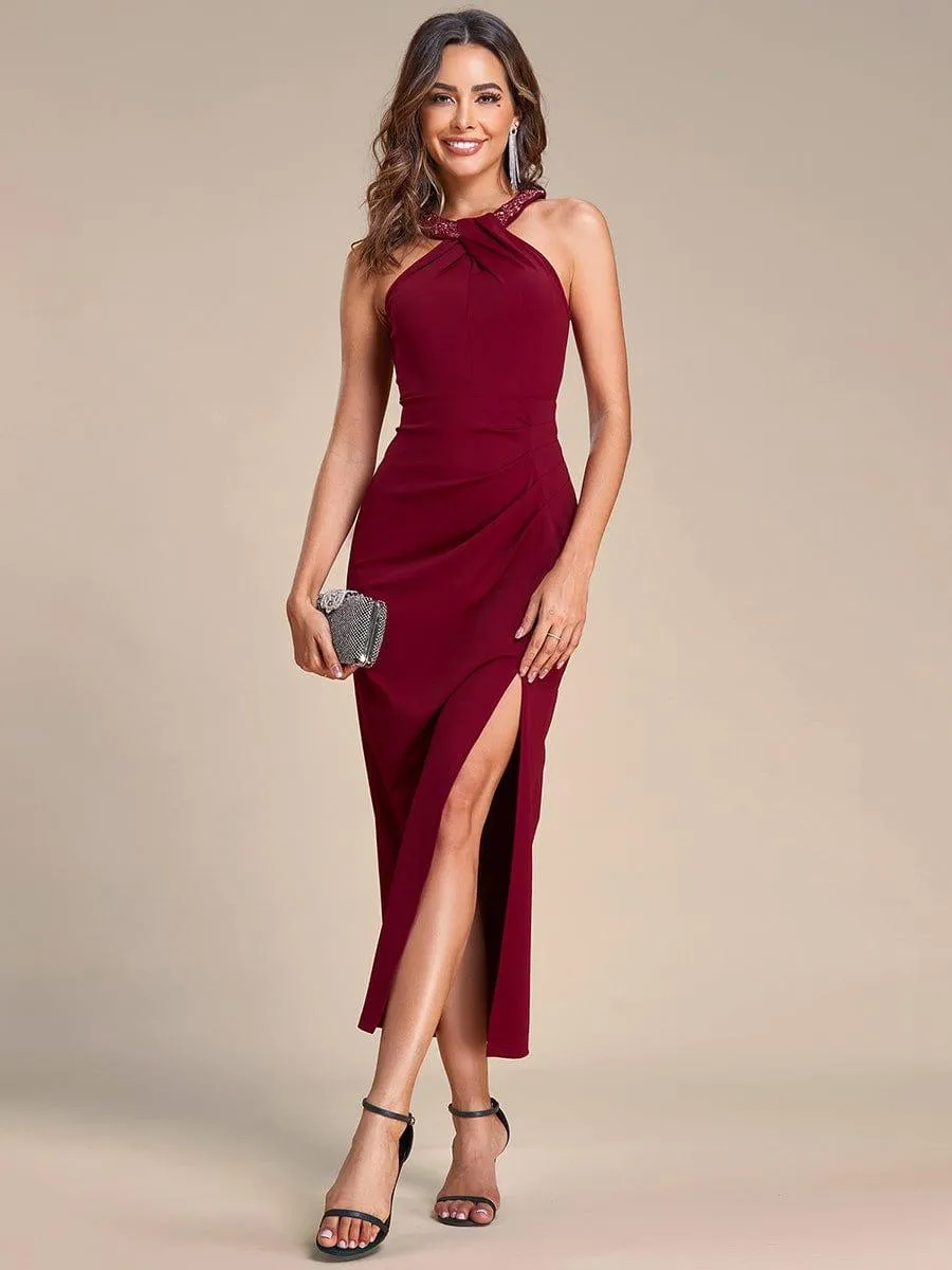 Robe de soirée à sequins plissés sans manches à col licou(Vente finale)