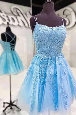 Roycebridal Blue A-line Spaghetti Straps Lace Short Prom Dresses, Homecoming Dresses