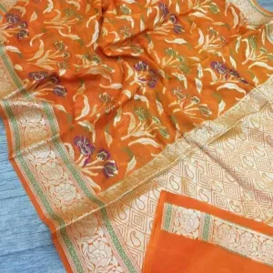 Rust Orange Party Saree Banarasee with Meenakari work