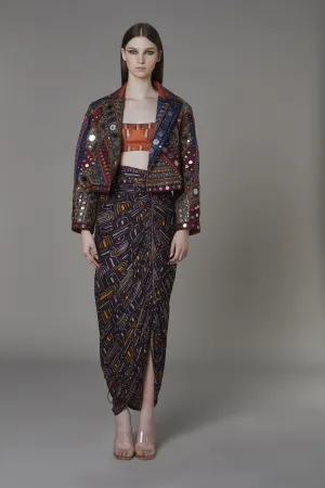 Saaksha & KinniÂ    I   Brown rust stripe bustier   Purple semi circle zipper beach skirt Bustier - Satin  Skirt - Cotton Silk Bustier - Orange  Skirt - Purple   SS22111    SS22112