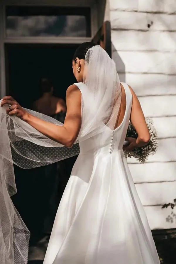 Satin A-line Square Neck Modest Wedding Dresses, Wedding Gown, MW1035