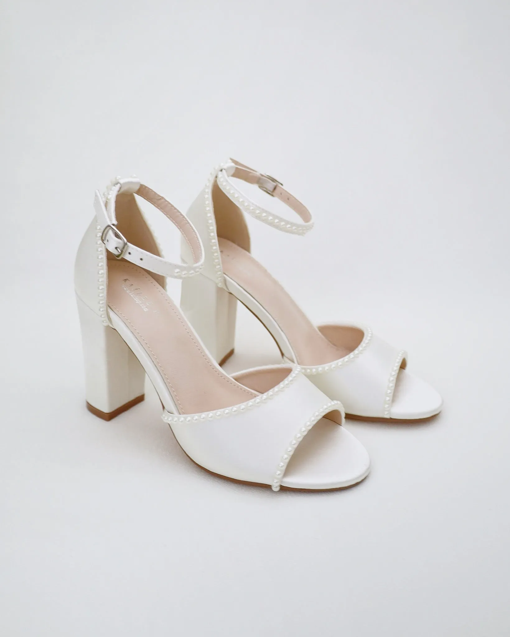 Satin Block Heel Wedding Sandals with Mini Pearls