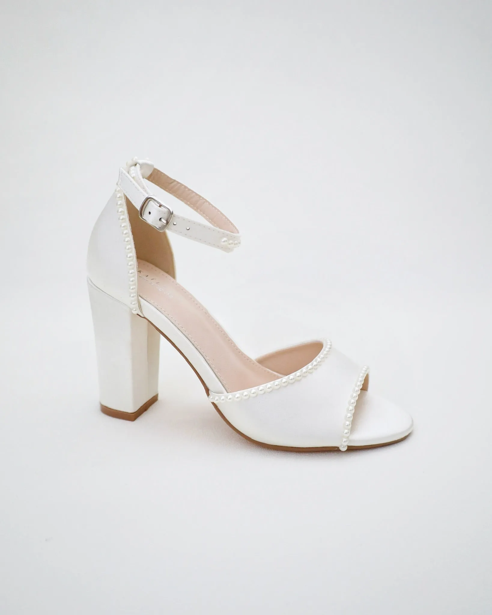Satin Block Heel Wedding Sandals with Mini Pearls
