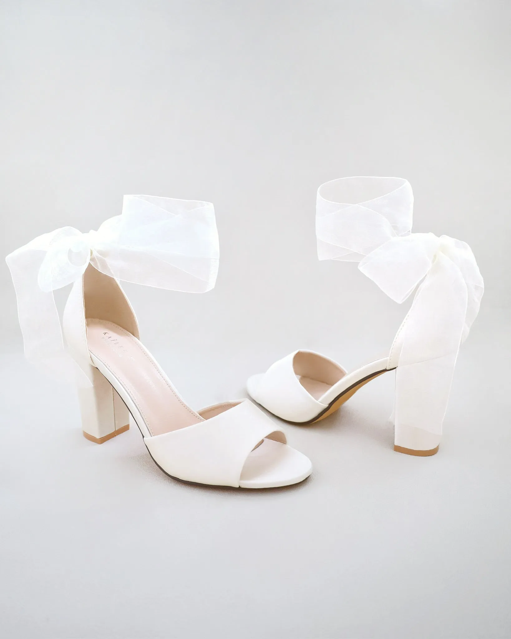 Satin Block Heel Wedding Sandals with Wrapped Ribbon Tie