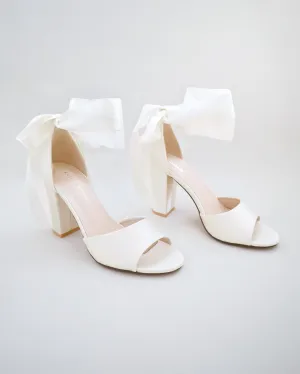 Satin Block Heel Wedding Sandals with Wrapped Ribbon Tie