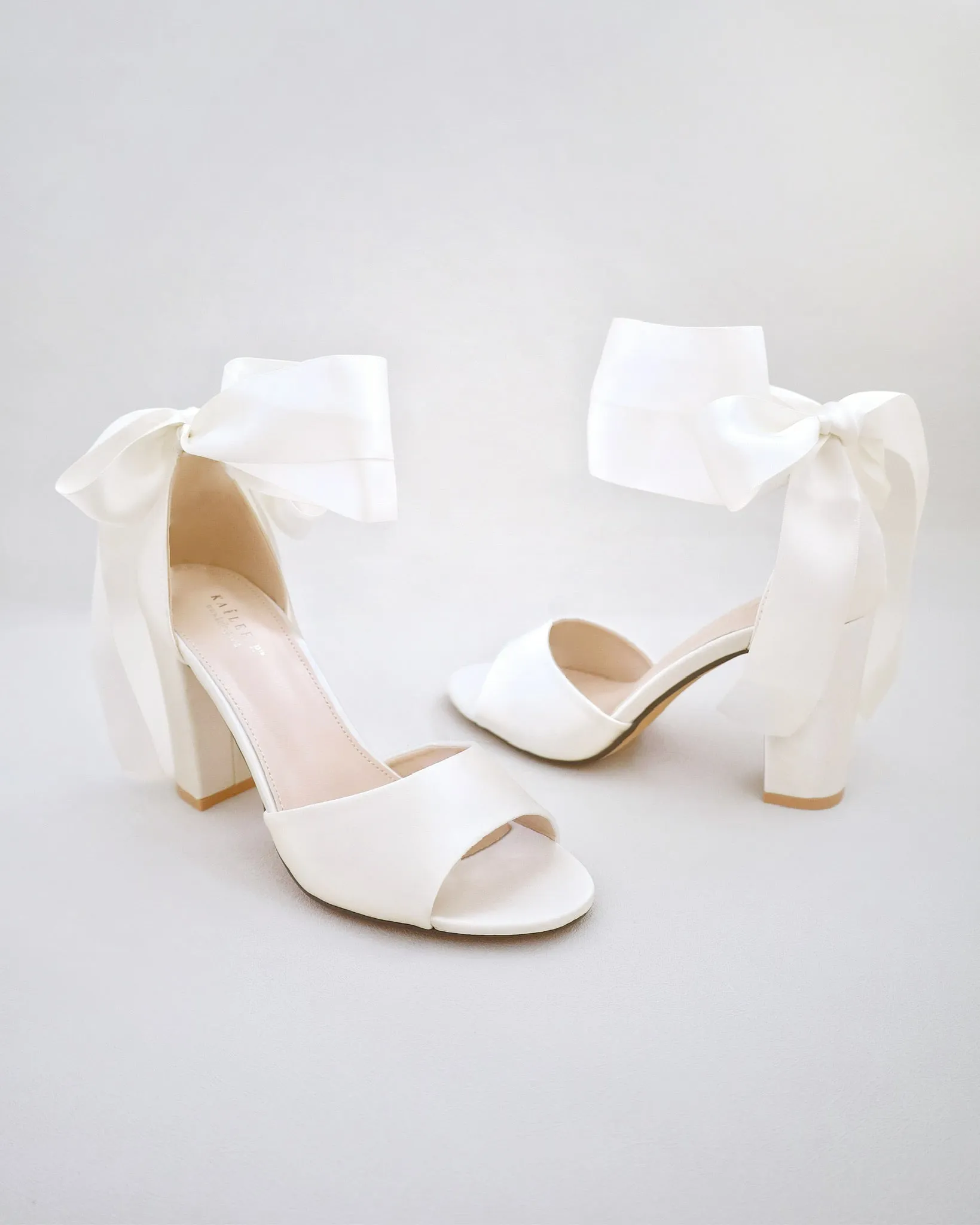 Satin Block Heel Wedding Sandals with Wrapped Ribbon Tie