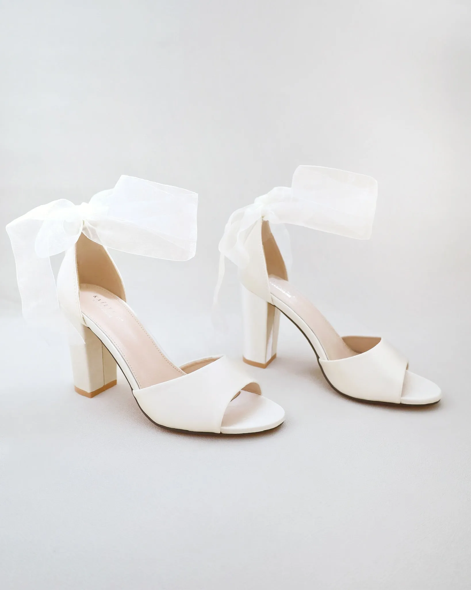 Satin Block Heel Wedding Sandals with Wrapped Ribbon Tie