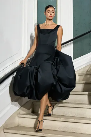 Satin Drop Waist Bubble Hem Tea Length Dress