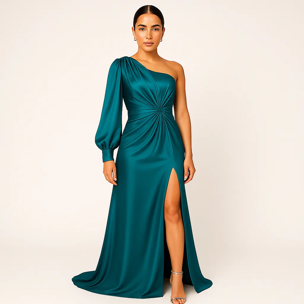 Satin Evening Gown | Teal One-Shoulder | Elegant and Sophisticated