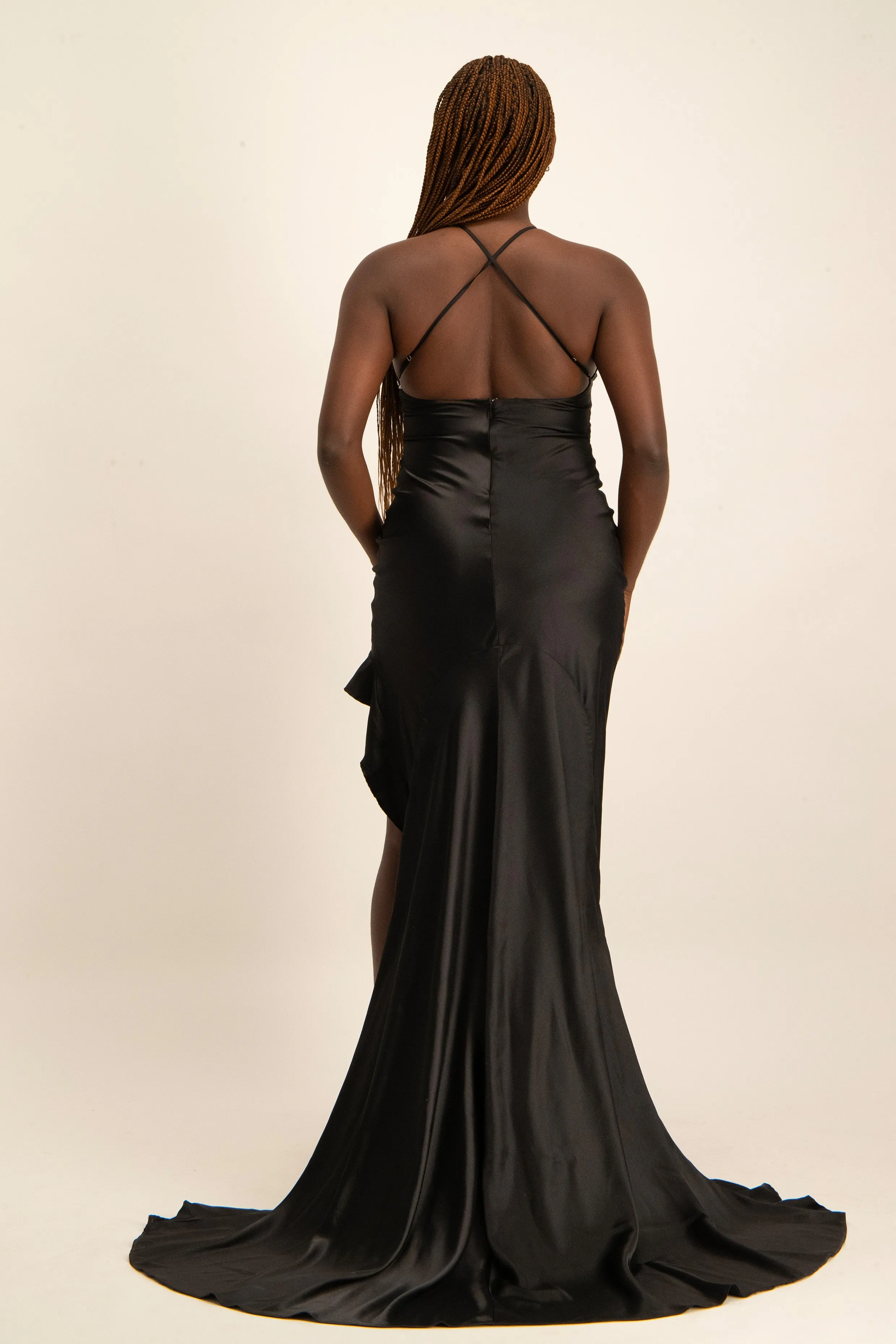 Satin Maxi Dress w/ Ruffled Slit & Train at back