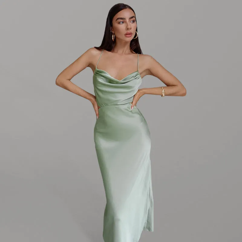 Satin Neck Sleeveless Sleeveless Halter Dress