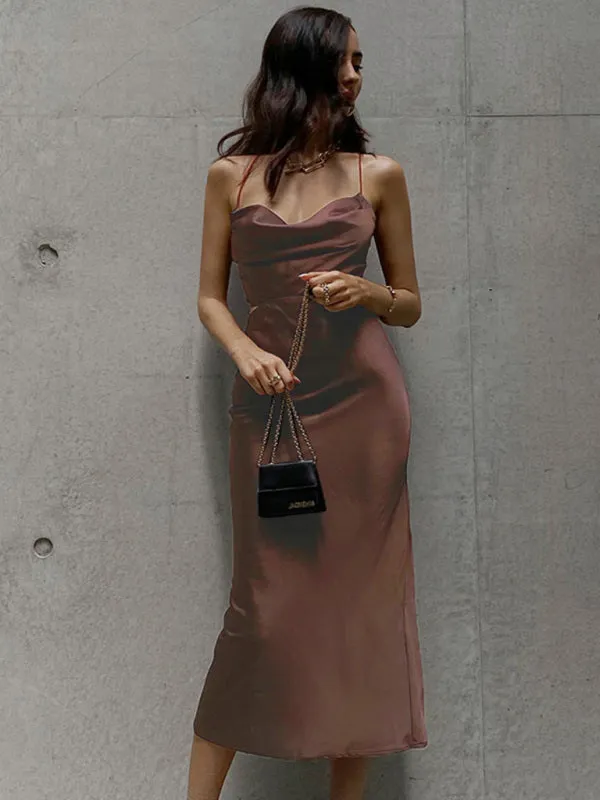 Satin Neck Sleeveless Sleeveless Halter Dress